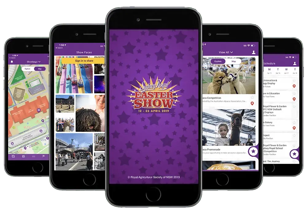 Sydney Royal Easter Show app screens, 2019