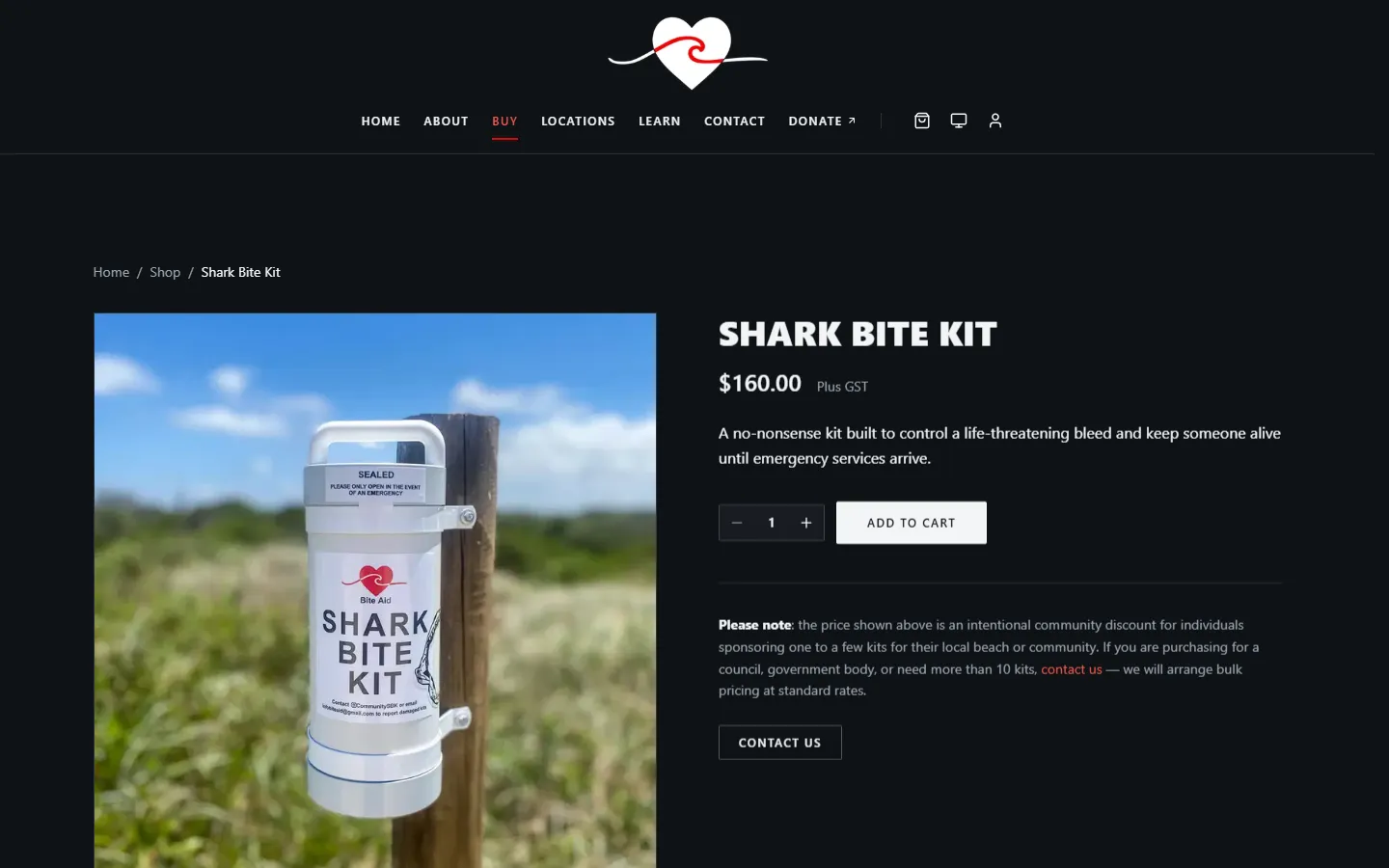 The Shark Bite Kit product page on the Community Shark Bite Kits website, with its price, a quantity selector and an Add to cart button
