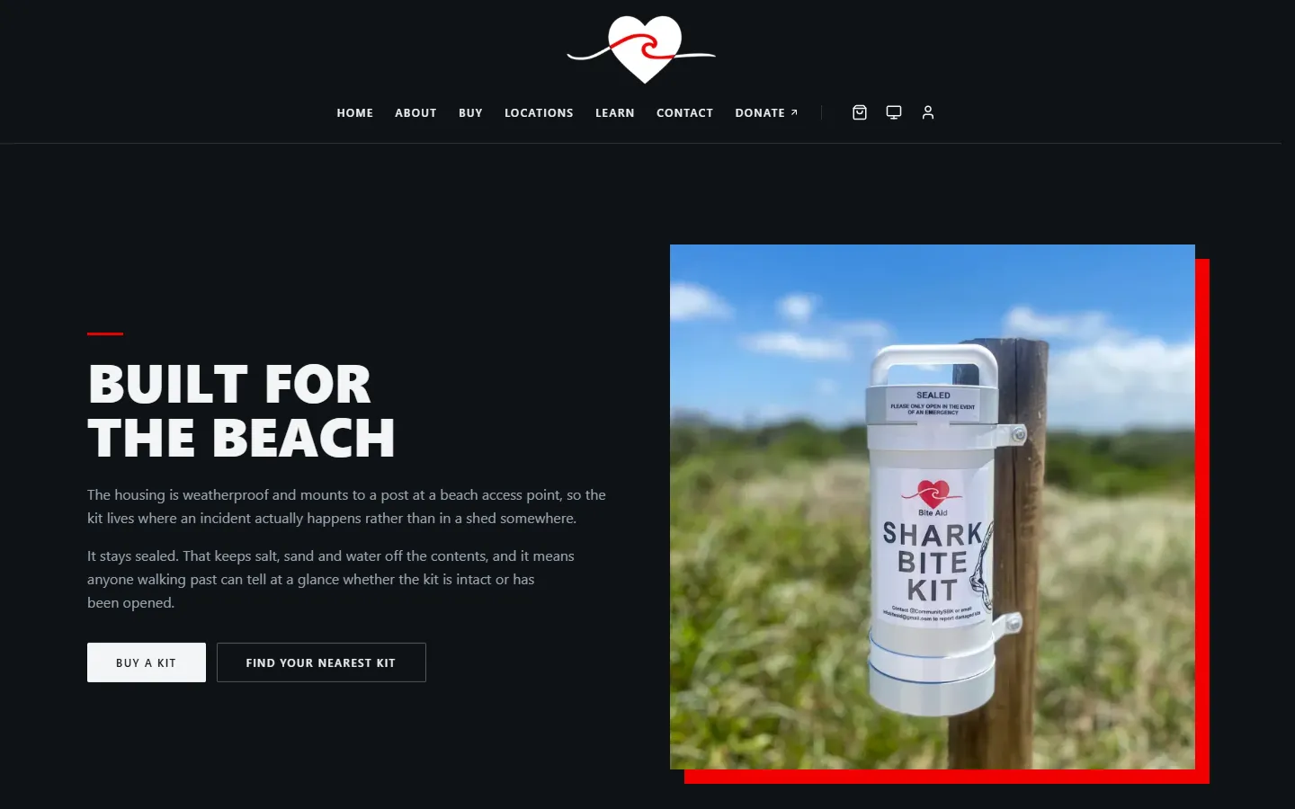 The Built for the beach page of the Community Shark Bite Kits website, with a photo of a kit mounted on a post above the dunes