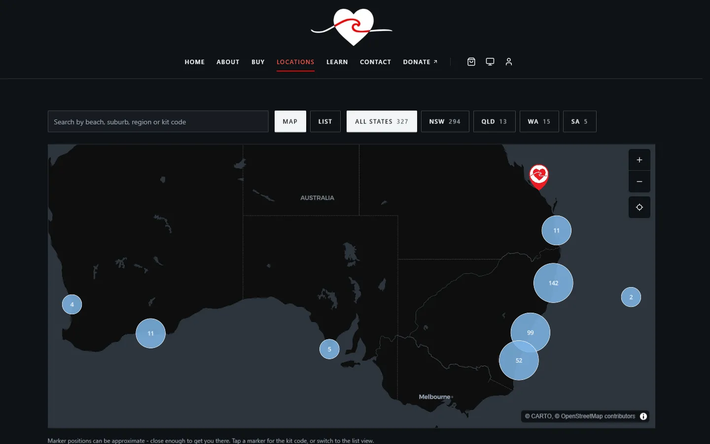 The Community Shark Bite Kits locations map, with kit clusters along the NSW, Queensland, South Australian and Western Australian coasts