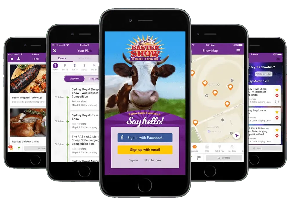 Sydney Royal Easter Show app screens, 2018