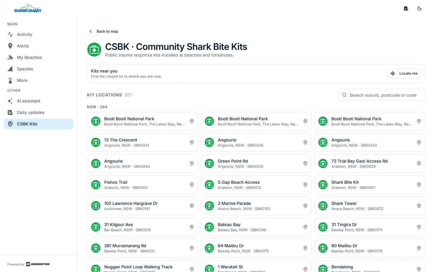 The CSBK page of the SharkSmart web app, listing community shark bite kit locations in NSW with a Kits near you button