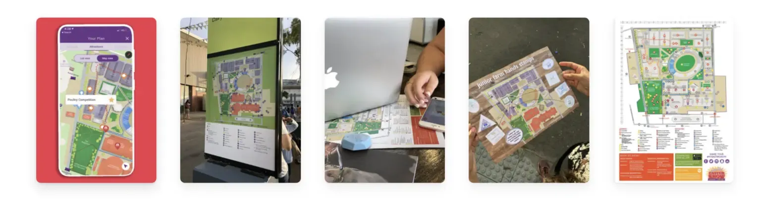 Walking directions to a show venue across the app’s screens